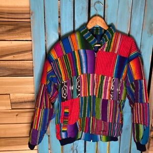Vintage Maya Quiche serape patchwork jacket size large handmade in Guatemala